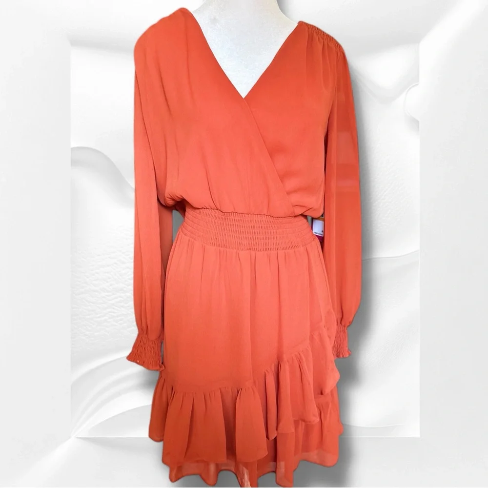 🆕 Vince Camuto Orange Ruffled Faux-Wrap Sundress Size Small - Picture 2 of 12